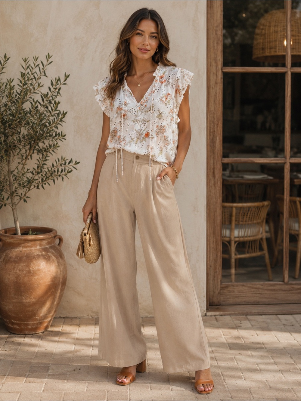 Solitaire Floral Eyelet Tie Neck Blouse